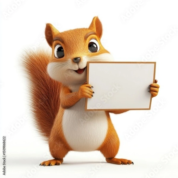 Obraz A cute little squirrel holding a white board