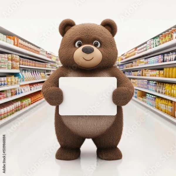 Obraz A cartoon bear is holding a white board in a grocery store aisle