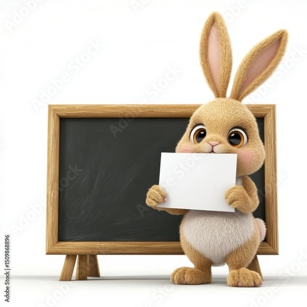 Obraz A rabbit is holding a piece of paper in front of a chalkboard