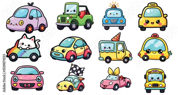 Obraz Kawaii cute cartoon cars with smiling faces, colorful vector illustration, children's design