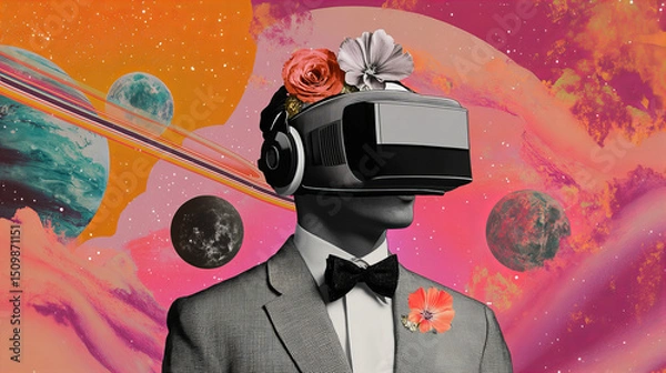 Obraz Fantasy Cosmic Gentleman in a Tuxedo with a Futuristic Helmet Amid Planets and Flowers – A Dreamlike Fusion of Space, Style, and Imagination

