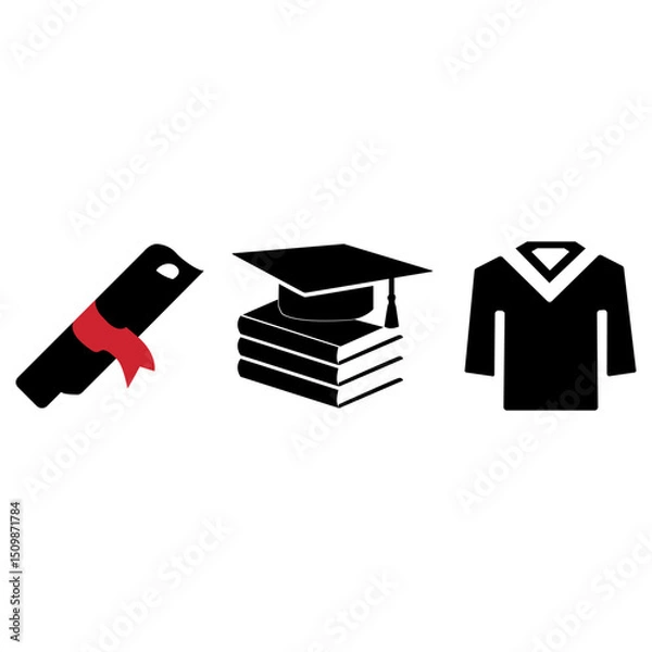 Fototapeta Graduation Icon Set – Diploma Scroll, Academic Cap, Books, and Gown in Black Silhouette