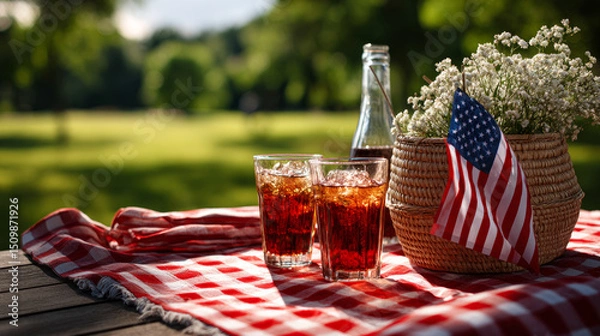 Obraz July 4, Independence Day traditional American picnic background. Plates, glasses, USA flags on green lawn or meadow grass, with blanket or tablecloth for picnic, sunglasses, copy space top view. 