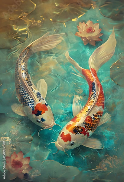 Fototapeta Two Koi Fish Swimming In Vibrant Pond With Lotus