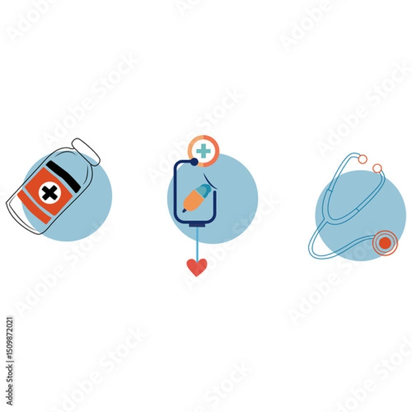 Fototapeta Medical Icon Set – Vaccine Bottle, IV Drip, and Stethoscope in Flat Vector Style