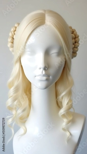 Obraz A half-up half-down hairstyle with twisted side strands on a light mannequin head, featuring loose curls on the lower half.

