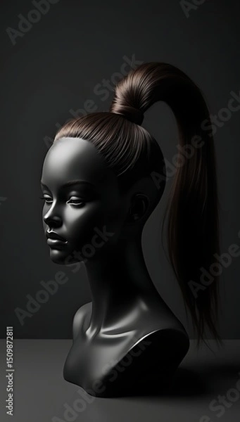 Obraz A high ponytail hairstyle with volume on a black mannequin head against a dark background.
