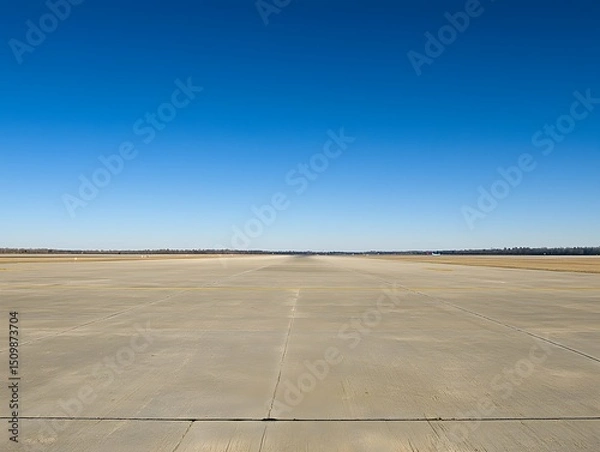 Fototapeta 
Wide view of an empty airport runway stretching into the distance under a clear sky with ground markings visible

