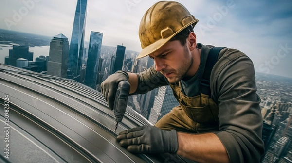 Fototapeta Young man working on skyscraper rooftop with drill in modern cityscape