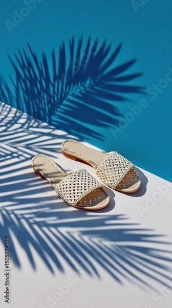 Obraz Beige Woven Sandals on White and Blue Background with Palm Shadow. High quality