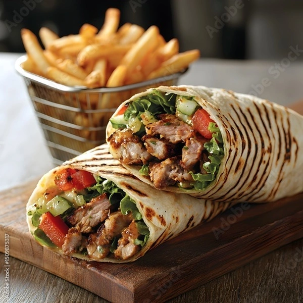 Fototapeta Photo of a Shawarma Wrap Cut Open to Reveal Grilled Meat, Vegetables, and Served with Fries