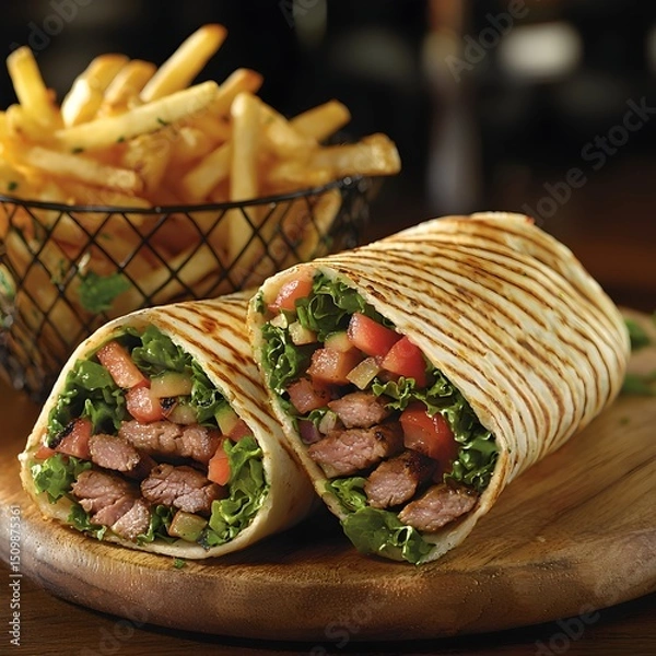 Fototapeta Photo of a Shawarma Wrap Cut Open to Reveal Grilled Meat, Vegetables, and Served with Fries