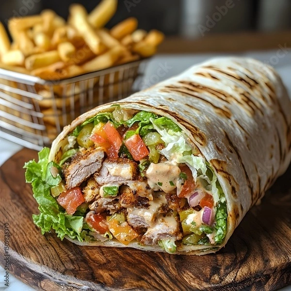 Fototapeta Photo of a Shawarma Wrap Cut Open to Reveal Grilled Meat, Vegetables, and Served with Fries