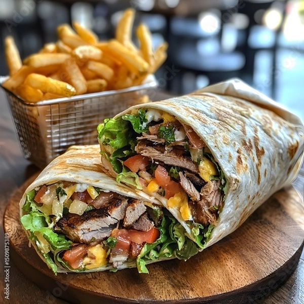 Fototapeta Photo of a Shawarma Wrap Cut Open to Reveal Grilled Meat, Vegetables, and Served with Fries