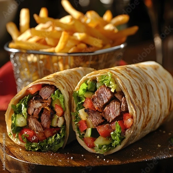 Fototapeta Photo of a Shawarma Wrap Cut Open to Reveal Grilled Meat, Vegetables, and Served with Fries
