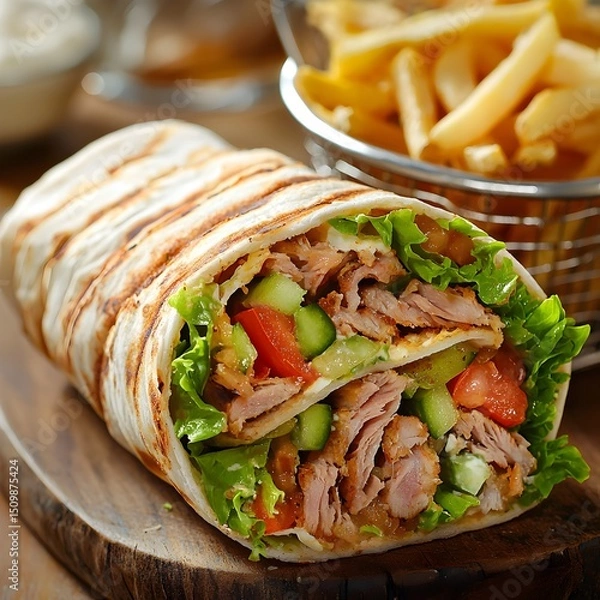 Fototapeta Photo of a Shawarma Wrap Cut Open to Reveal Grilled Meat, Vegetables, and Served with Fries