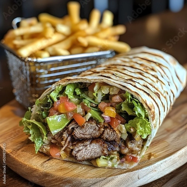 Fototapeta Photo of a Shawarma Wrap Cut Open to Reveal Grilled Meat, Vegetables, and Served with Fries