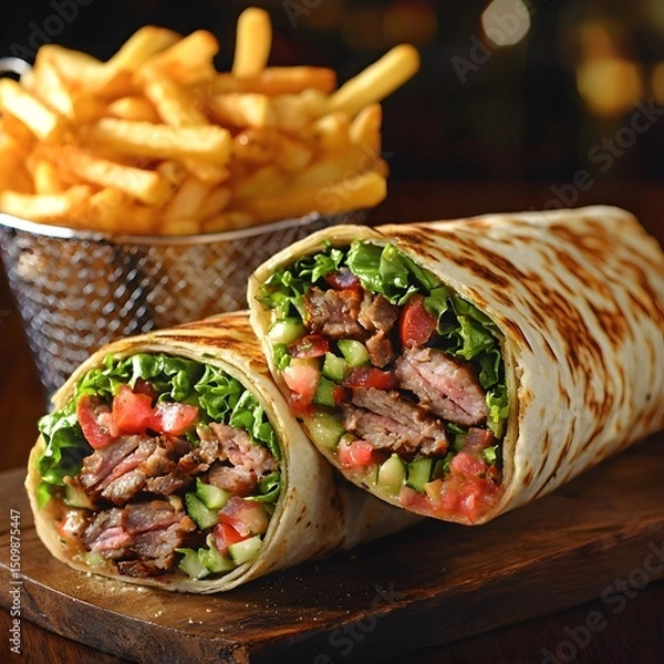 Fototapeta Photo of a Shawarma Wrap Cut Open to Reveal Grilled Meat, Vegetables, and Served with Fries