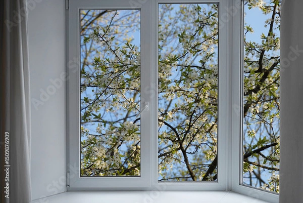 Obraz View from the window, blooming  trees, bird cherry blossom in a garden.