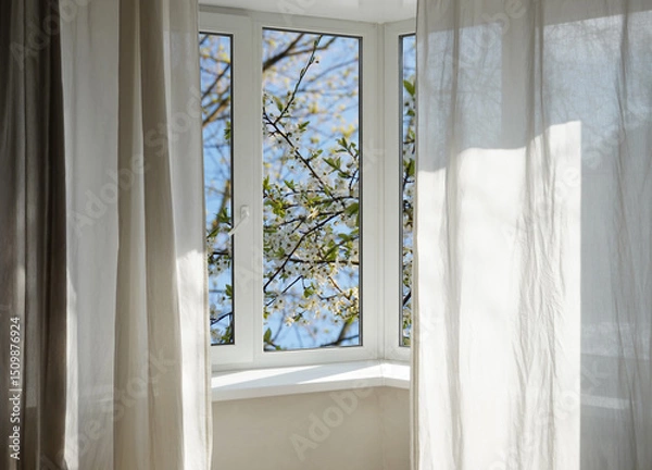 Obraz View from the window, blooming  trees, bird cherry blossom in a garden.