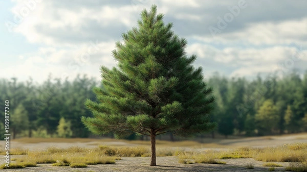 Fototapeta Realistic depiction of a lush green pine tree standing alone in a scenic natural environment.