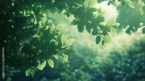 Fototapeta Serene image of lush green leaves bathed in sunlight creating a tranquil atmosphere