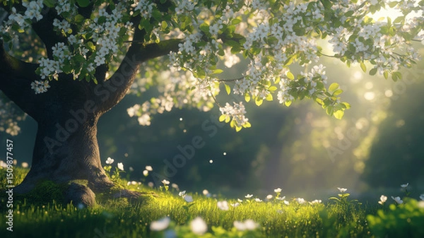 Fototapeta Serene spring scene with blooming tree and sunlight shining through a lush forest landscape