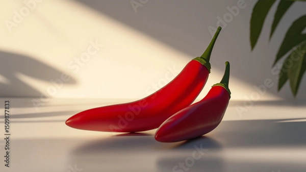 Fototapeta Two vibrant red chili peppers resting on a smooth surface in soft natural lighting