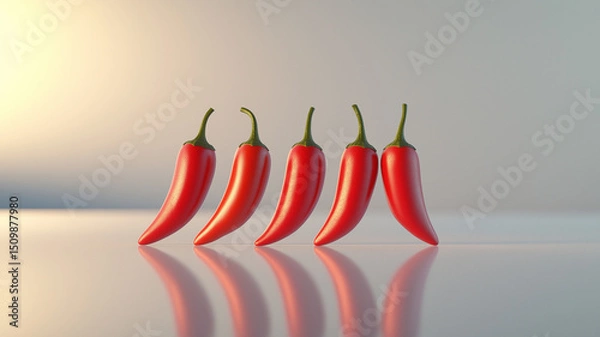 Fototapeta Vibrant red chili peppers reflecting on a glossy surface against a soft gradient background