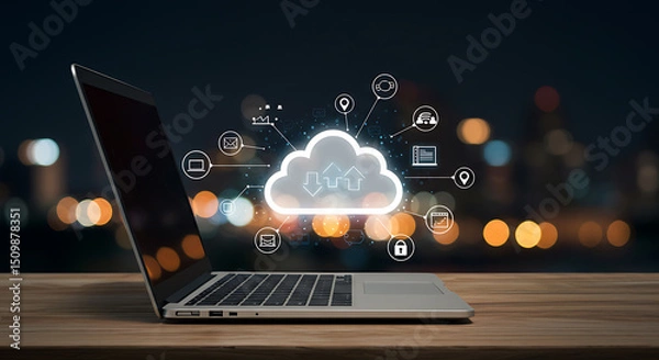 Fototapeta Cloud Computing Technology Concept with Laptop and Digital Network Icons
