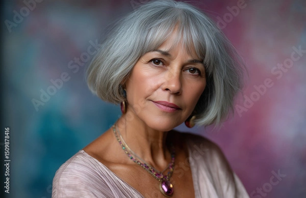 Fototapeta Confident mature woman with gray hair posing on colorful background
