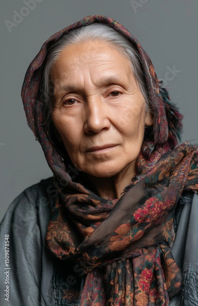 Fototapeta Senior refugee woman wearing traditional clothes looking at the camera