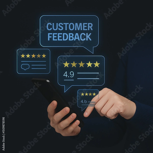 Obraz Digital Customer Review and Feedback System with Woman Giving Five-Star Satisfaction Rating