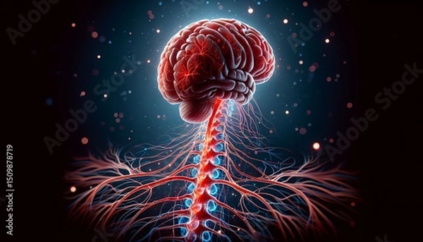 Fototapeta This is a vibrant depiction of the human brain and spinal cord that highlights their intricate neural connections and pathways.
