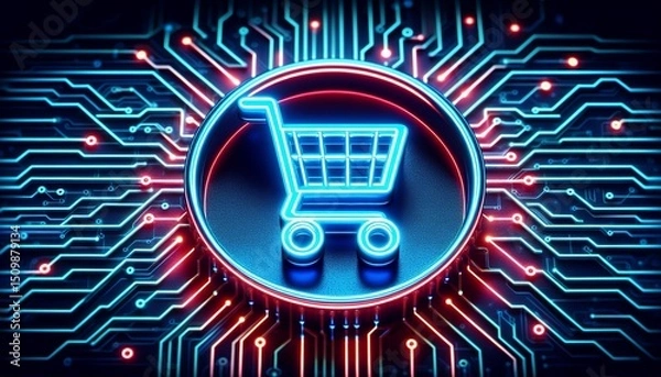 Fototapeta This digital shopping concept features a neon shopping cart icon against a circuit board background, symbolizing the integration of e-commerce and technology.
