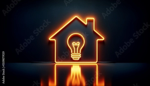 Fototapeta A neon outline of a house with a glowing bulb symbolizes energy efficiency and smart home technology.
