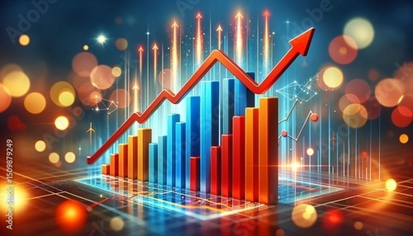 Fototapeta This is a dynamic financial growth chart with rising bars and arrows, which symbolize economic success and upward trends.
