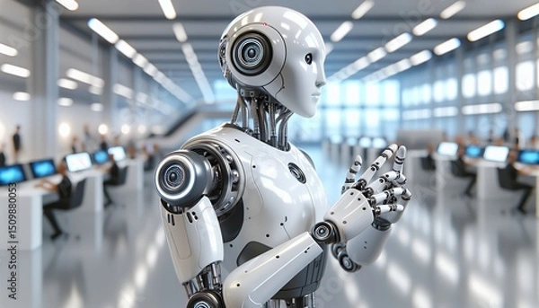 Fototapeta A futuristic robot in a modern office setting symbolizes advanced technology and automation in the workplace.
