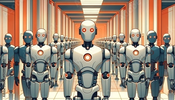 Fototapeta This is a futuristic lineup of humanoid robots representing advanced automation and technology.
