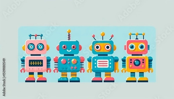 Fototapeta A line of vibrant robotic designs is on display, showcasing futuristic creativity and innovation.
