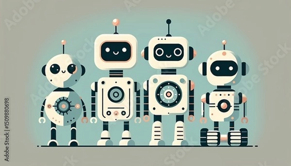 Fototapeta Vier niedliche Roboter stehen in einer Reihe. Jeder Roboter hat ein einzigartiges Design und einen einzigartigen Ausdruck und alle wirken verspielt und freundlich.

