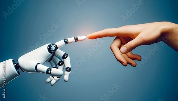 Fototapeta The image of human and robot hands reaching out to touch each other symbolizes the connection between humanity and technology.
