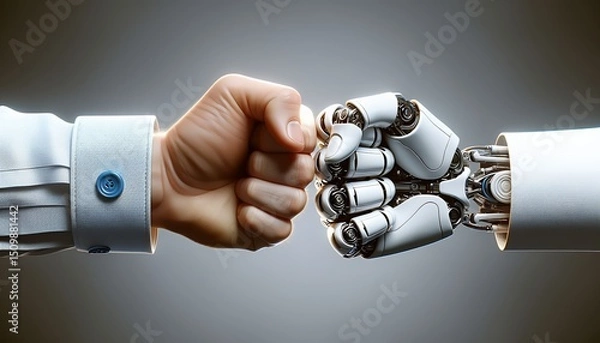 Fototapeta A fist bump symbolizes human-robot collaboration, representing unity and technological advancement.
