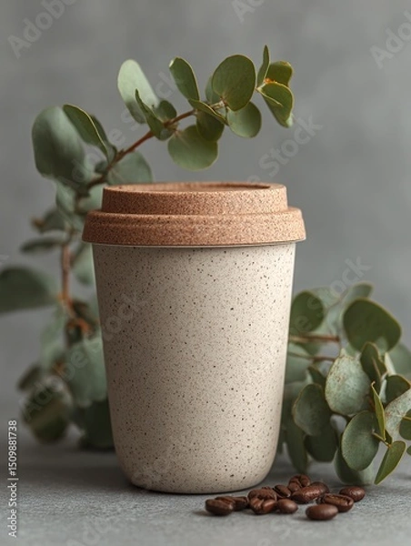 Obraz Beige Speckled Reusable Cup with Silicone Lid and Greenery. High quality