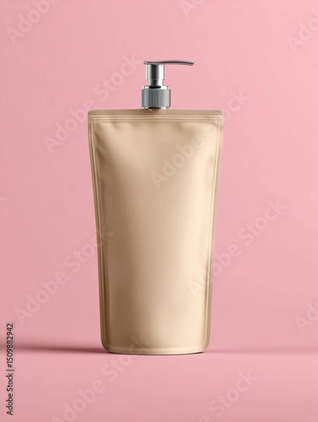 Obraz Beige Refillable Stand-Up Pouch Mockup with Nozzle on Pink Background. High quality