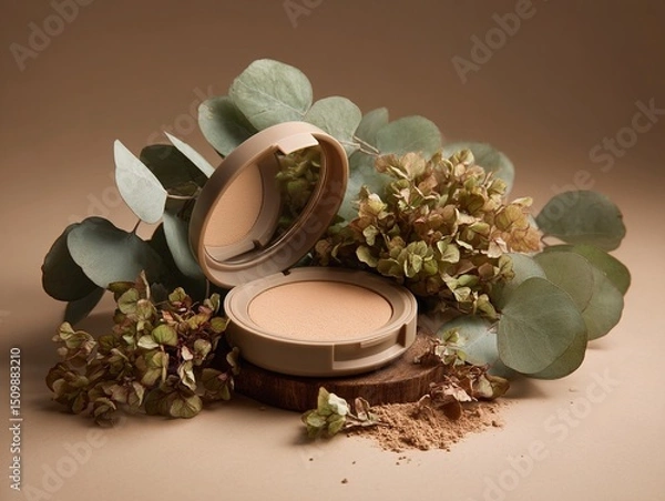 Obraz Beige Pressed Foundation with Eucalyptus and Flowers. High quality