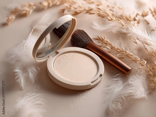 Obraz Beige Pressed Powder Compact with Brush and Feathers on Light Background. High quality