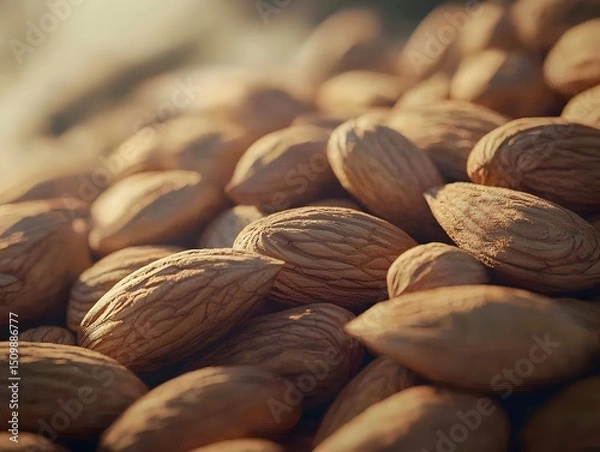 Fototapeta Photo of a pile of nutritious almonds scattered closely together, showcasing their natural, brown texture