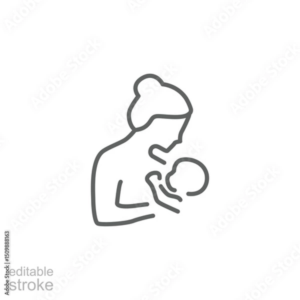 Obraz Breastfeeding, motherhood flat line icon. Simple outline style. A baby in a sling in a womans arms. Editable stroke