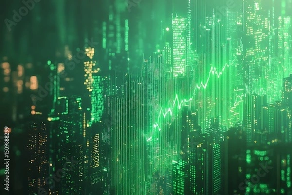 Obraz Green city skyline with financial graph overlay, stock market data and investment analysis